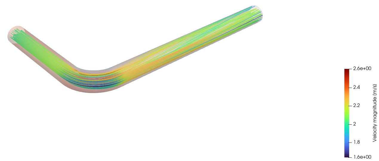 Streamlines through the pipe bend, coloured by velocity, inside the semi-transparent pipe wall.