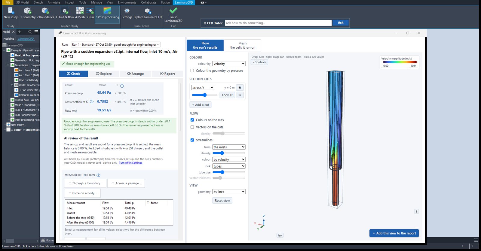 The pipe-expansion example in Laminaro: pressure drop 45.64 Pa, loss coefficient 0.7582, streamlines coloured by velocity, and the four measurements.