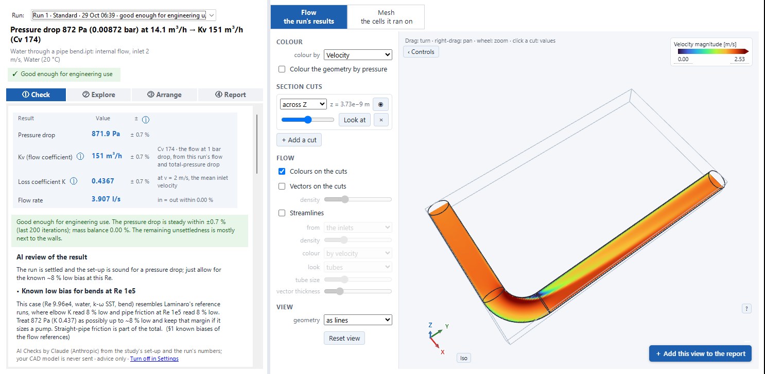 Laminaro's post-processing window inside Autodesk Inventor 2027: water through a pipe bend, pressure drop 872 Pa at 14.1 m³/h, Kv 151 m³/h, Cv 174, the velocity on a cut through the bend's mid-plane.